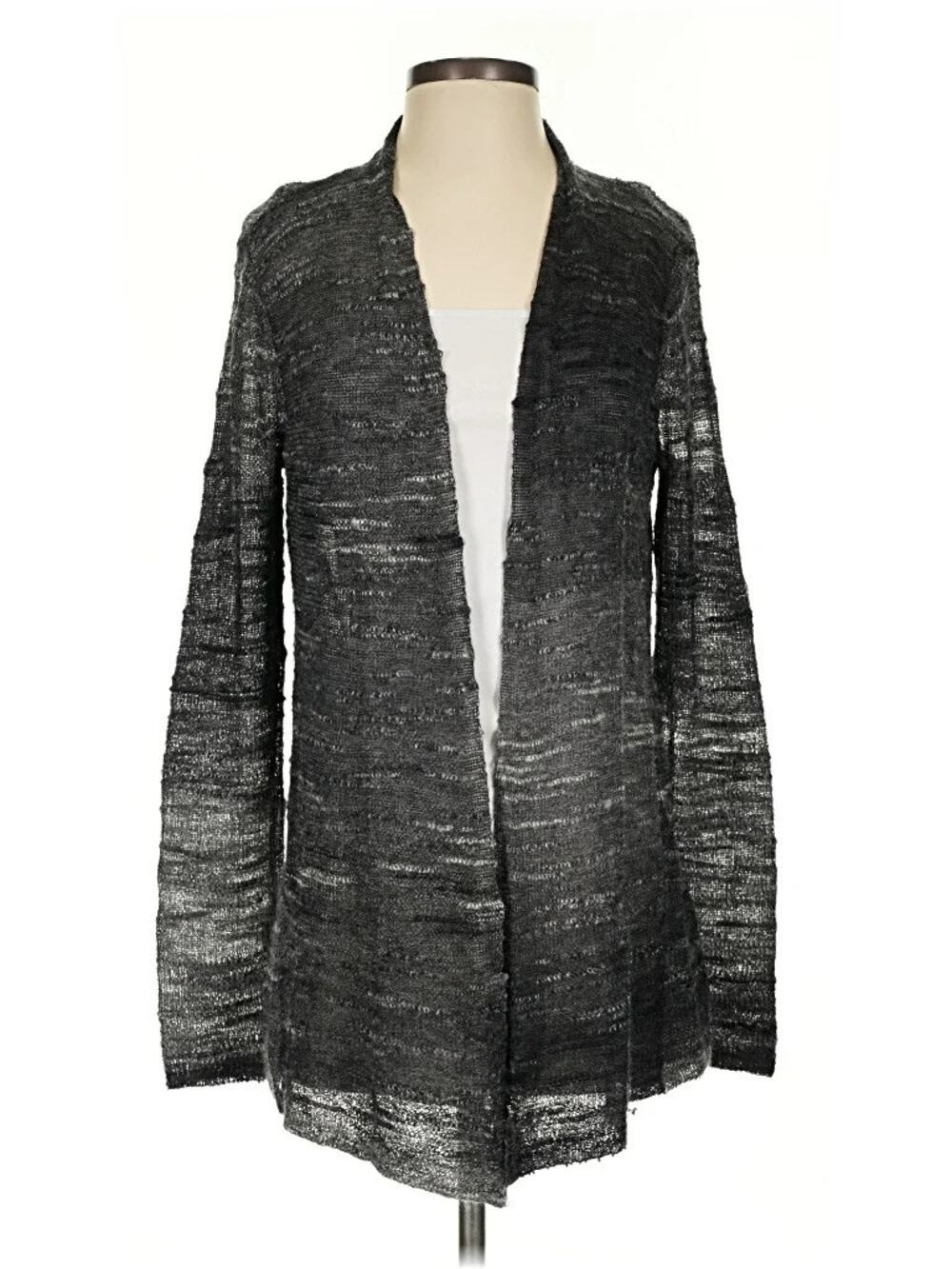 Eileen Fisher Open Front Marled Knit Cardigan Mohair Wool Blend Gray Black XS
